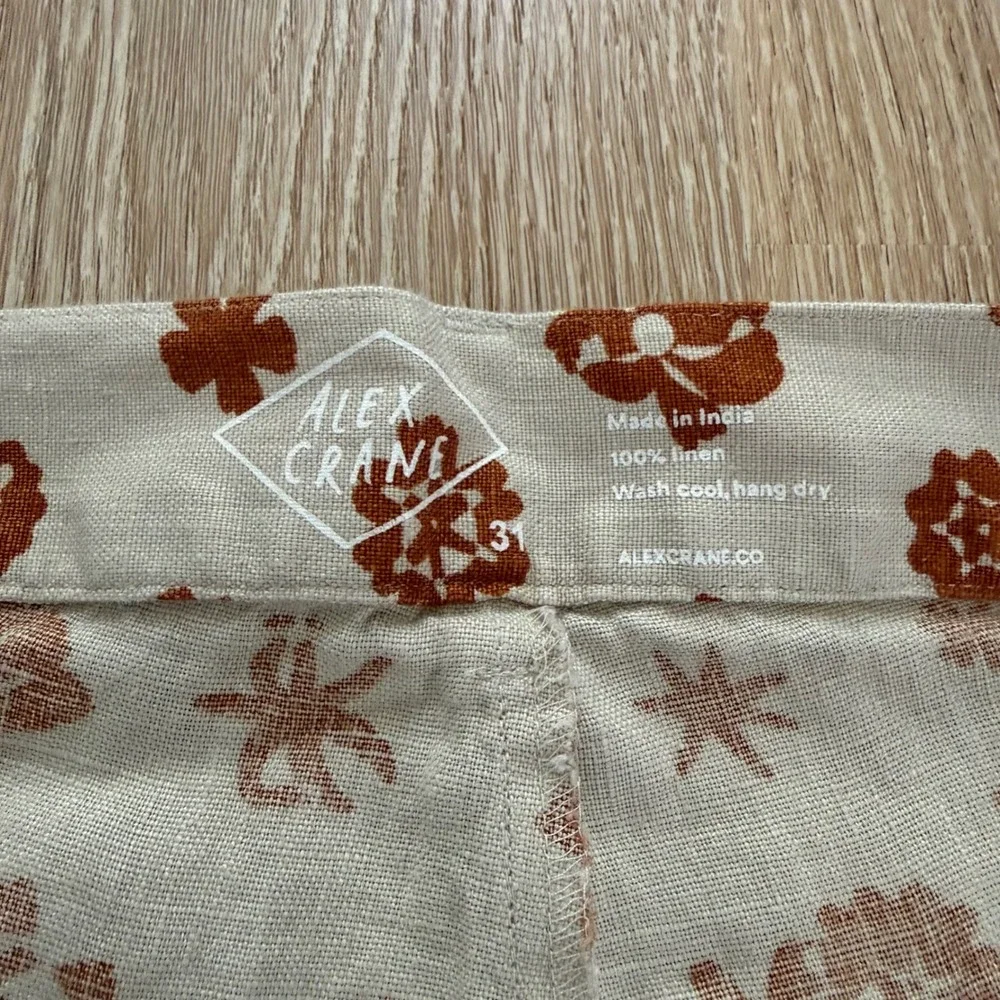Alex Crane Cham Pants Mens 31 Bone Rust Floral 100% Linen Straight Leg Trousers